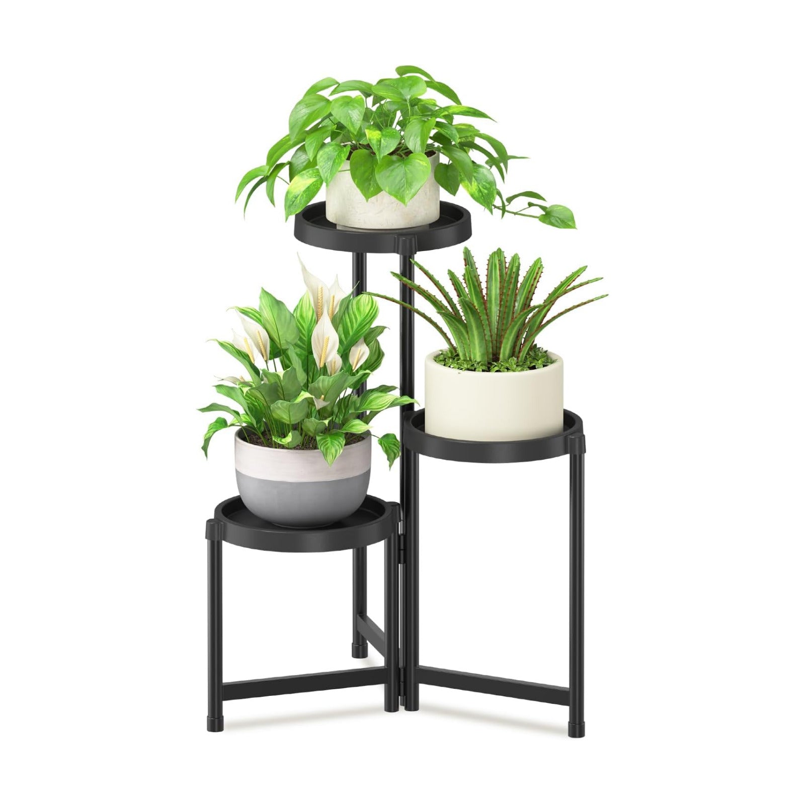 iDavosic.ly 3 Tier Folding Plant Stand Indoor Outdoor, Plastic Tray, Black | Space Saving Tiered Corner Storage Display