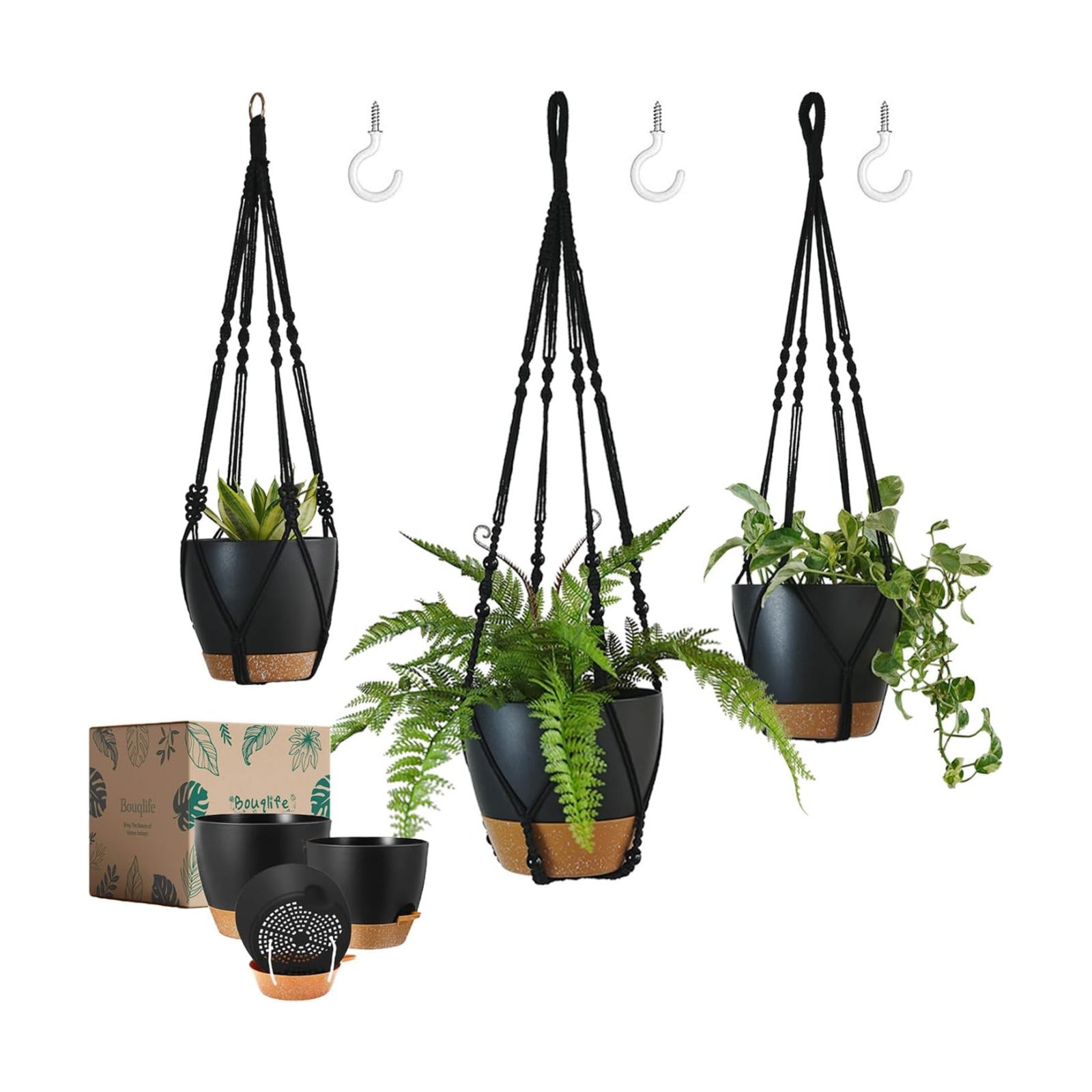 3 Pack Large Hanging Planters for Indoor Plants with Macrame Plant Hangers | 10/8/7 Inch Self Watering Pots with