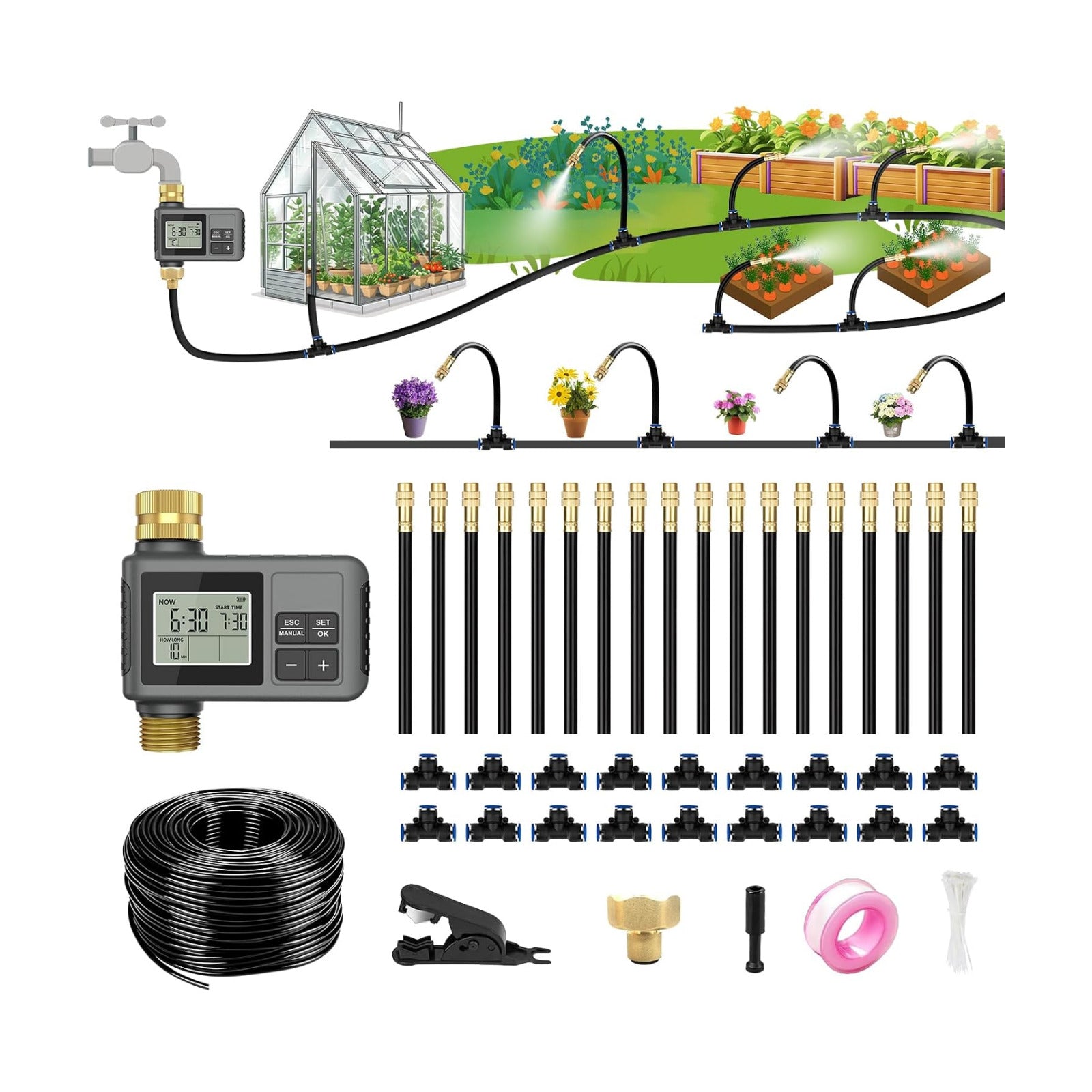 60FT Drip Irrigation System with Smart Water Timer | Brass Connectors, 360° Adjustable Nozzles and Bendable Tubing for