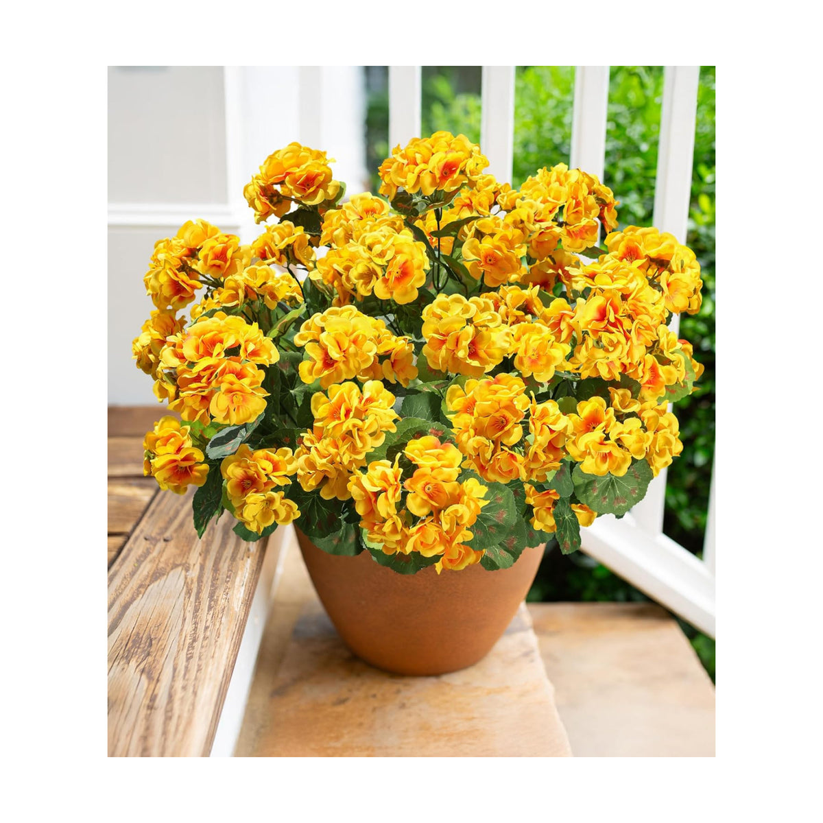 Fake Geraniums Artificial Flowers for Outdoors Winter Decoration, 6 Bundles Silk Geraniums UV Resistant Look Real Yellow Faux Flowers Plants for Front Door Garden Planter Patio Balcony Yard Home