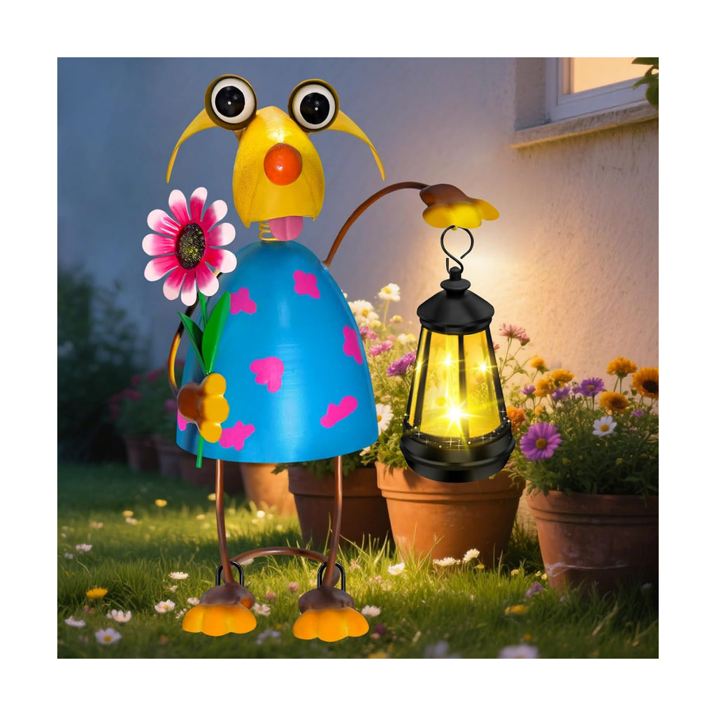 Solar Metal Dog Garden Statue with Lantern, Outdoor Garden Decor Figurine | Bobble Head Spring Neck Wind Wobble Design