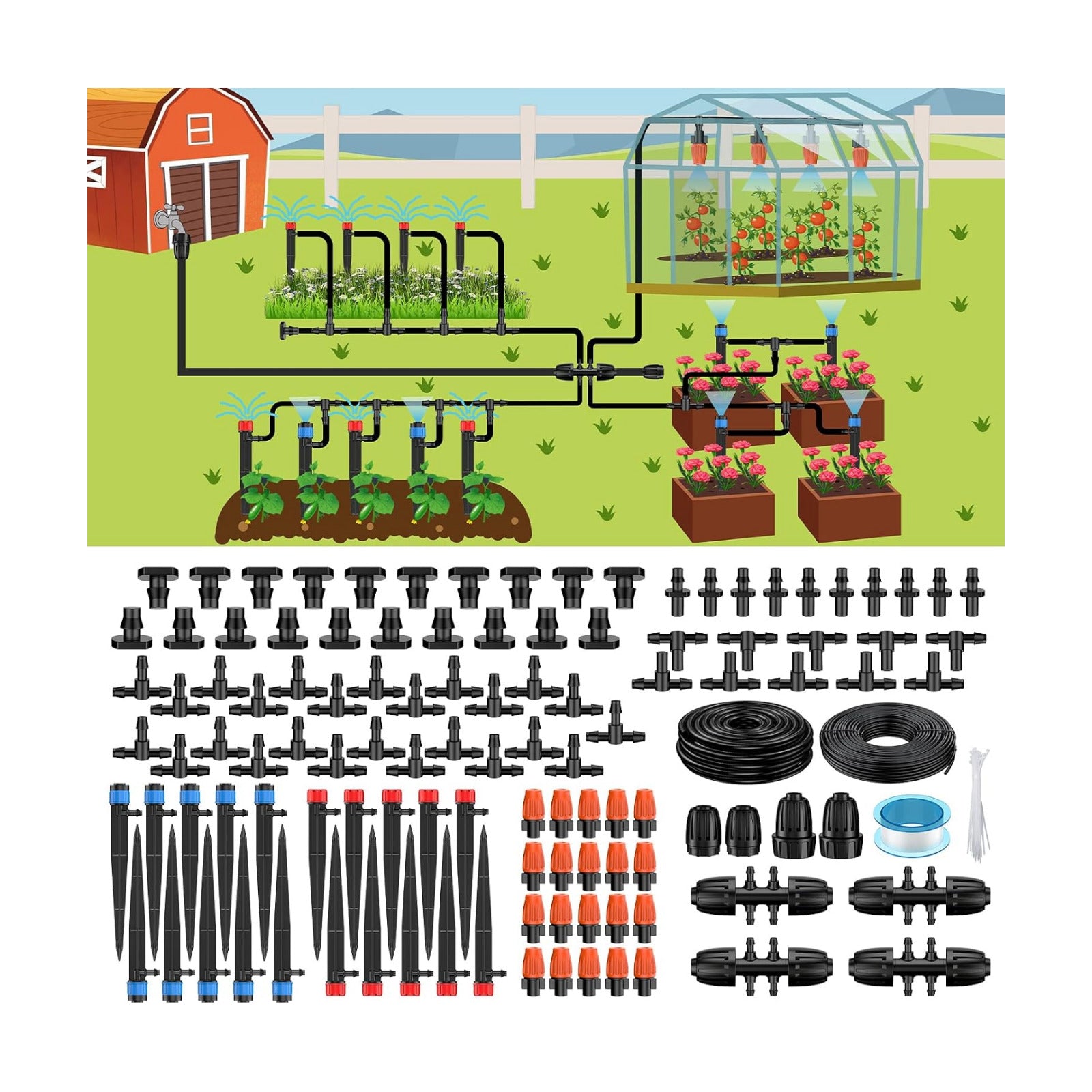 Pawfly Drip Irrigation System for Garden, 240FT Drip Irrigation Kit with 1/2" & 1/4" Tubing Adjustable Emitters