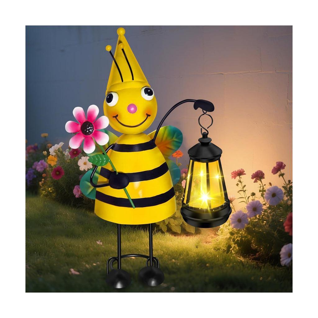 Solar Metal Bee Garden Statue with Lantern, Outdoor Garden Decor Figurine | Hand-Painted IP65 Waterproof Metal Craft