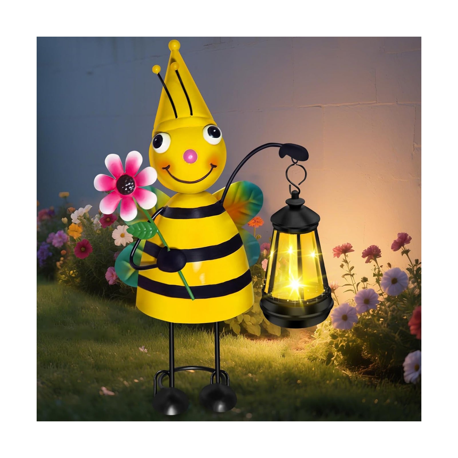 Solar Metal Bee Garden Statue with Lantern, Outdoor Garden Decor Figurine | Hand-Painted IP65 Waterproof Metal Craft