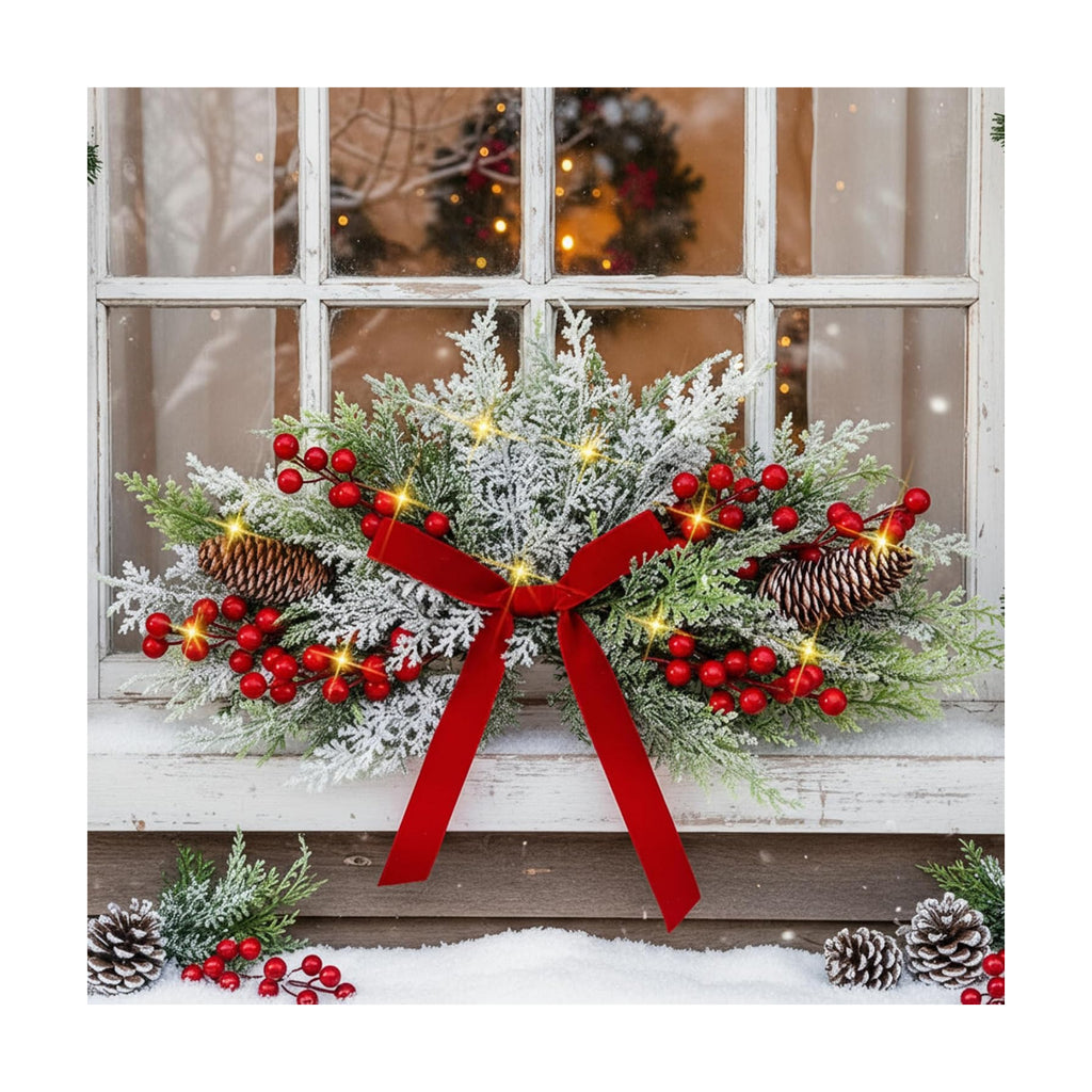 Giegxin 24 Inch Christmas Swags with LED Light Artificial Frosted Cedar Swag Decoration with Red Bow Red Berries and Pine Cones for Front Door Window Stair Fireplace Mantle Holiday Xmas Decor