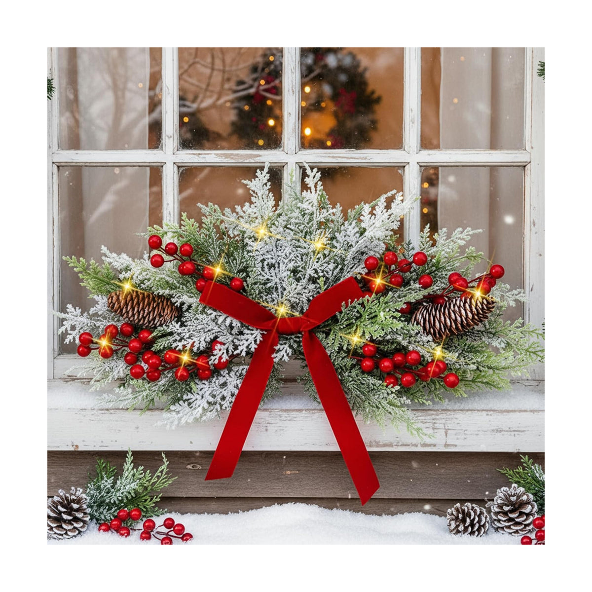 Giegxin 24 Inch Christmas Swags with LED Light Artificial Frosted Cedar Swag Decoration with Red Bow Red Berries and Pine Cones for Front Door Window Stair Fireplace Mantle Holiday Xmas Decor