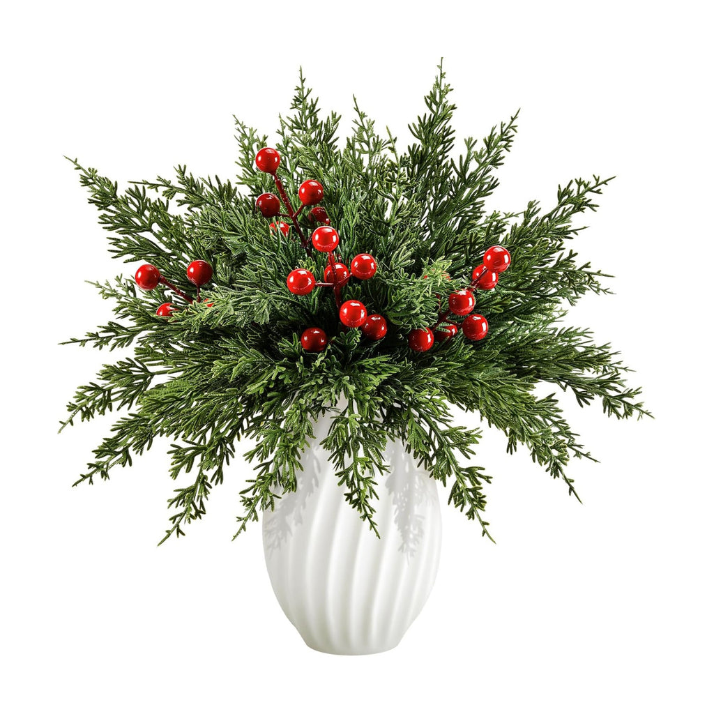 45PCS Artificial Christmas Pine Branches with Red Berry Stems