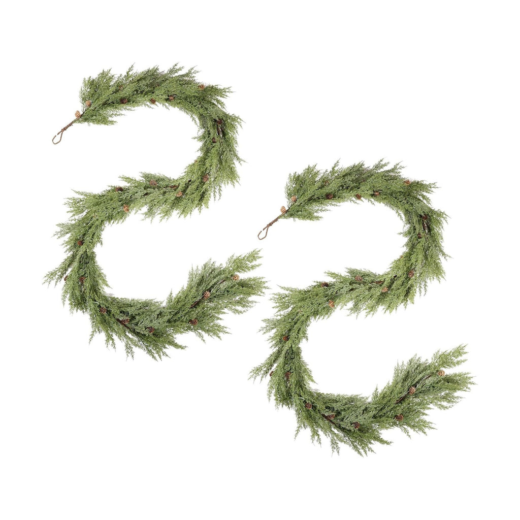 WBHome 2pcs Real Touch Cypress Cedar & Pine Cone Evergreen Garland for Christmas Holiday Seasonal Outdoor/Indoor Home Decor, 9FT Long
