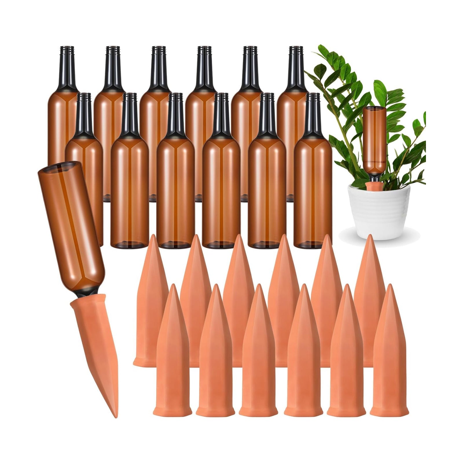 12 Set Plant Watering Devices, Terracotta Watering Spikes with 25 oz Plastic Wine Bottles, Slow Release Vacation Insert