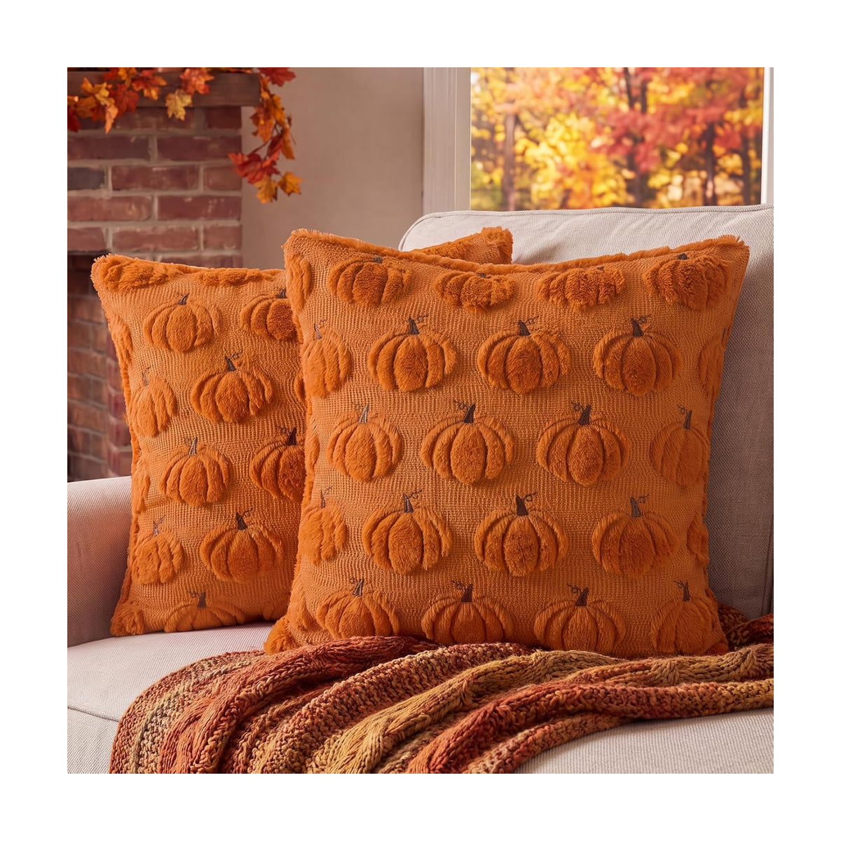 Softalker Fall Throw Pillow Covers 20x20 Set of 2 Rust Plush Pumpkin Covers