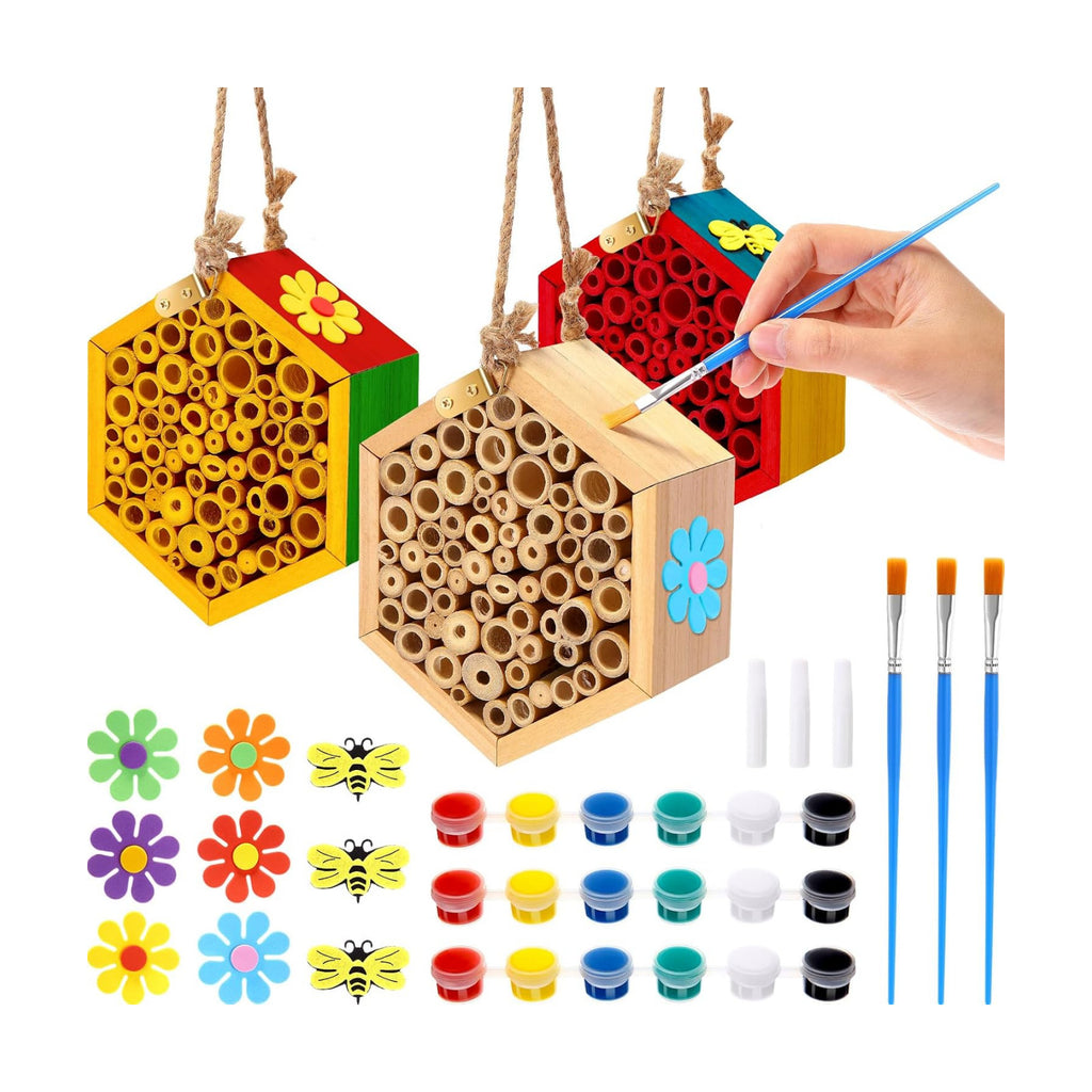 Leinuosen Mason Bee House Crafts for The Garden Handmade Natural Wooden Bees Hive with Dly Painting Kits Bees Hotel