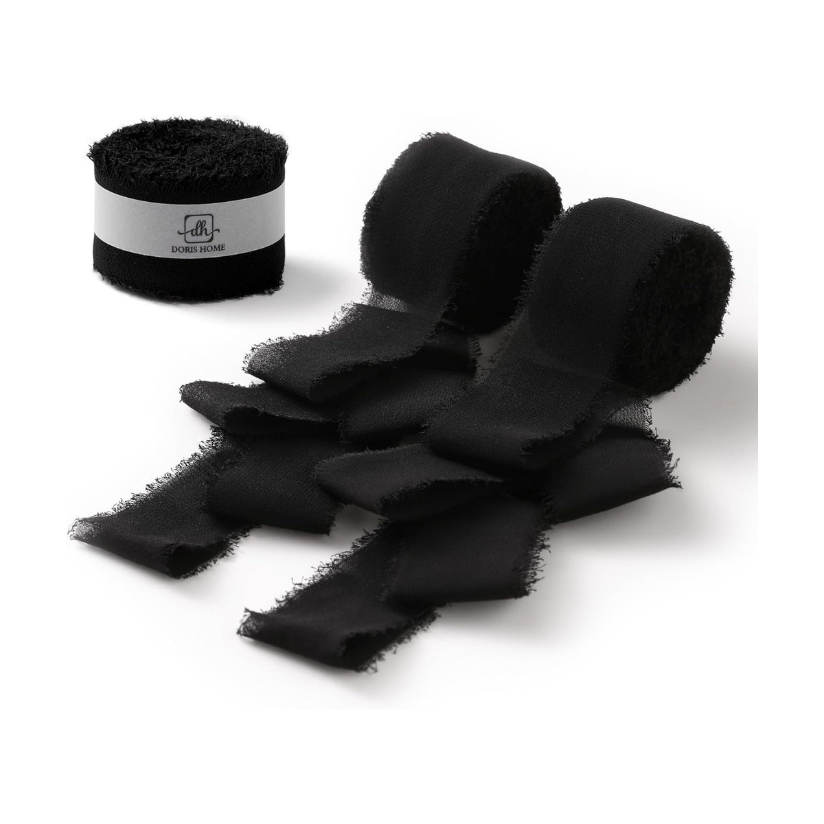 DORIS HOME Handmade Frayed Fringe Chiffon Ribbon 1" x 21Yd Black