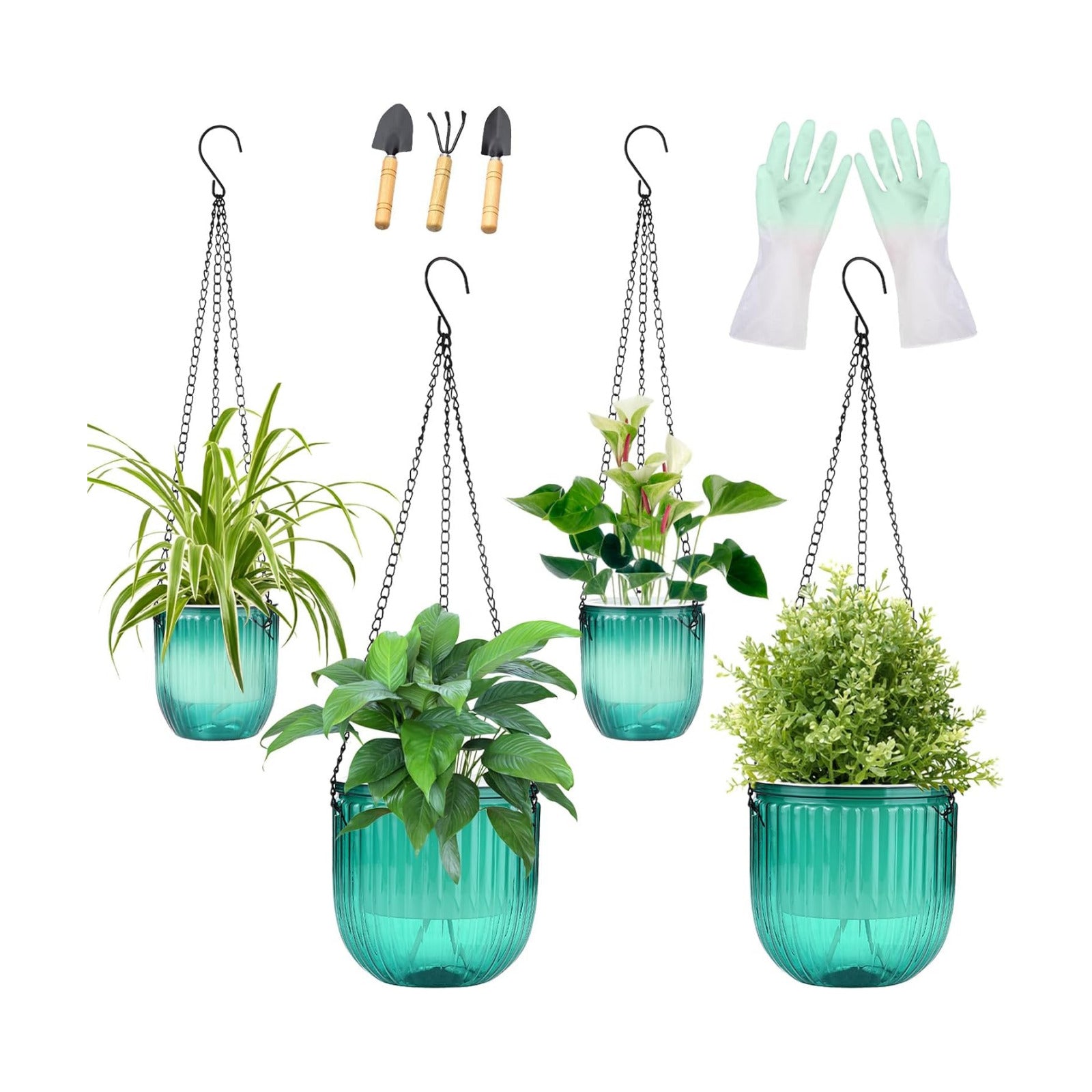 4 Pack Self Watering Hanging Planters with Drainage Holes Green
