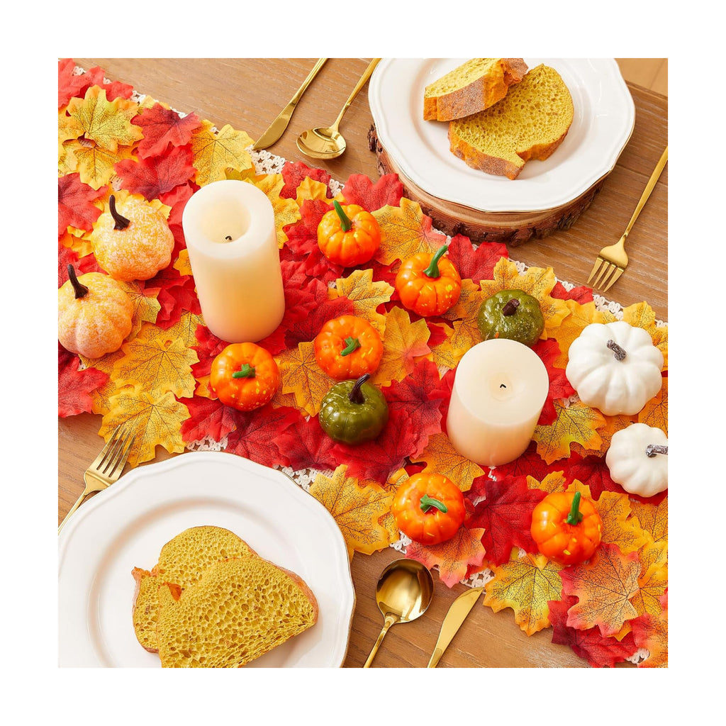 SITUMEIZI Fake Fall Leaves Set Autumn Leaves with Mini Pumpkin for Farmhouse Harvest Thanksgiving Table Decor 52 Pcs