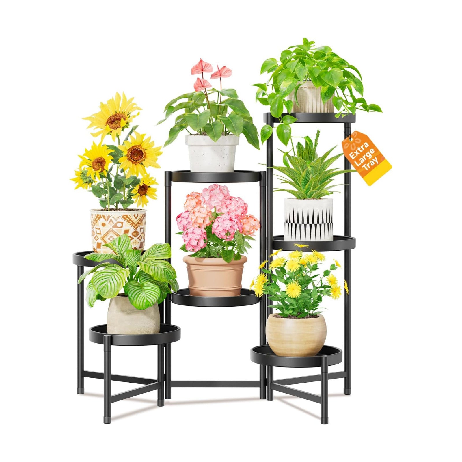 LASZOLA Plant Stand Indoor with 10 Inch Large Metal Tray, 7 Tier Black | Corner Tall Folding Flower Display Rack