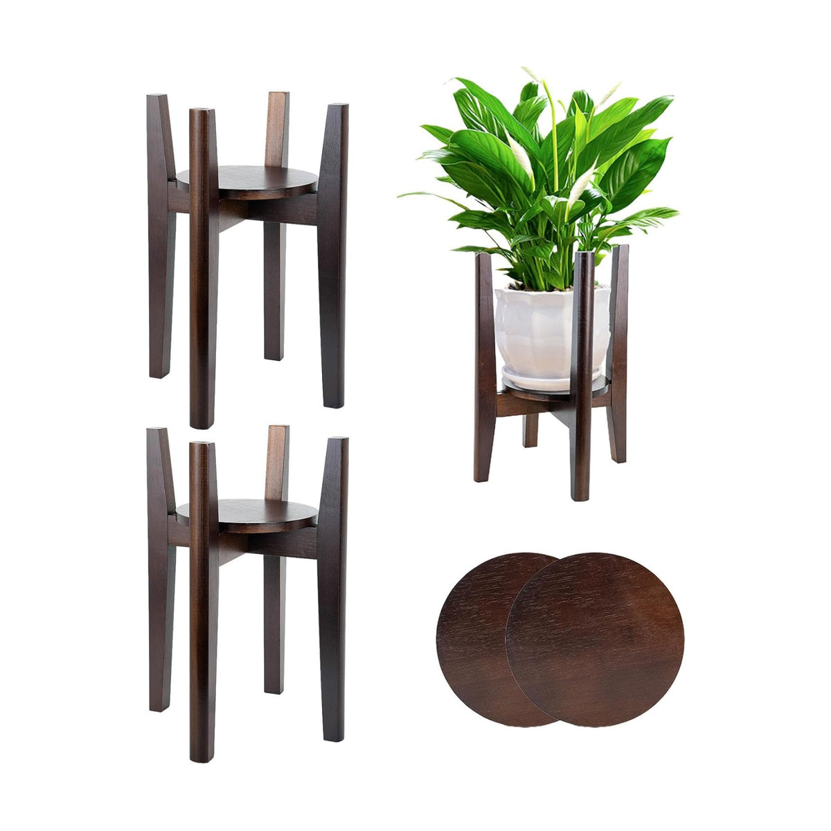 2 Packs Adjustable Plant Stand with Tray,Indoor Wood Plant Stand Fit 8'' to 12'' Planter,Mid Century Modern Flower Pot Holder Rack(Plant and Pot Not Included) Walnut