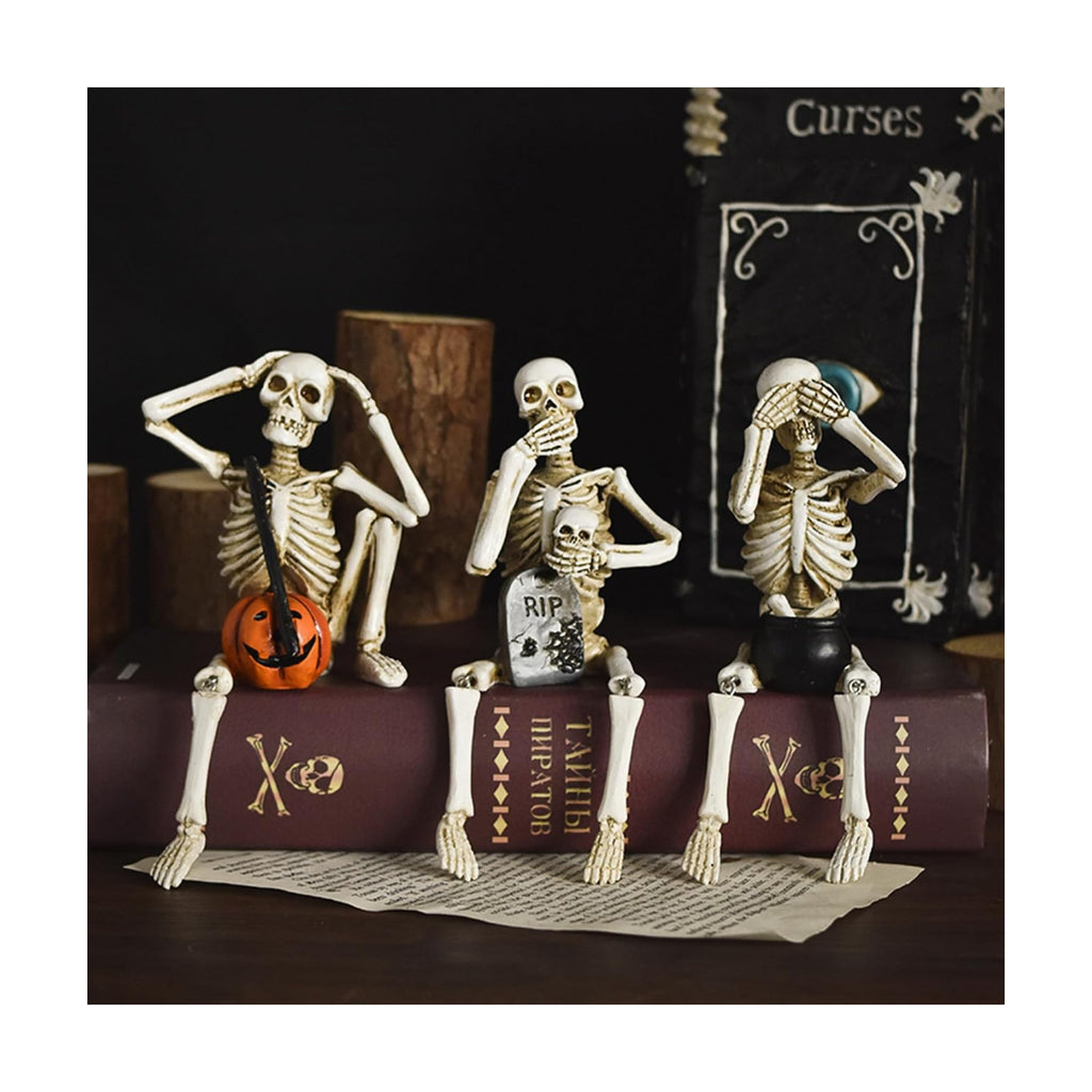 Set of 3 Skeleton Statues, Horror Skull Halloween Resin Decor, See/Hear/Speak no Evil Collectible Figures Home Decoration