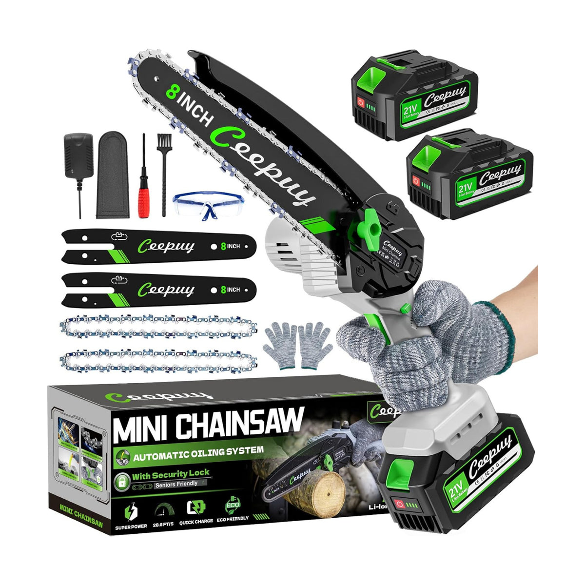Mini Chainsaw Cordless 8 Inch with 2x 4000mAh Batteries, Portable Electric Chain Saw, Automatic Oiler, Battery Powered