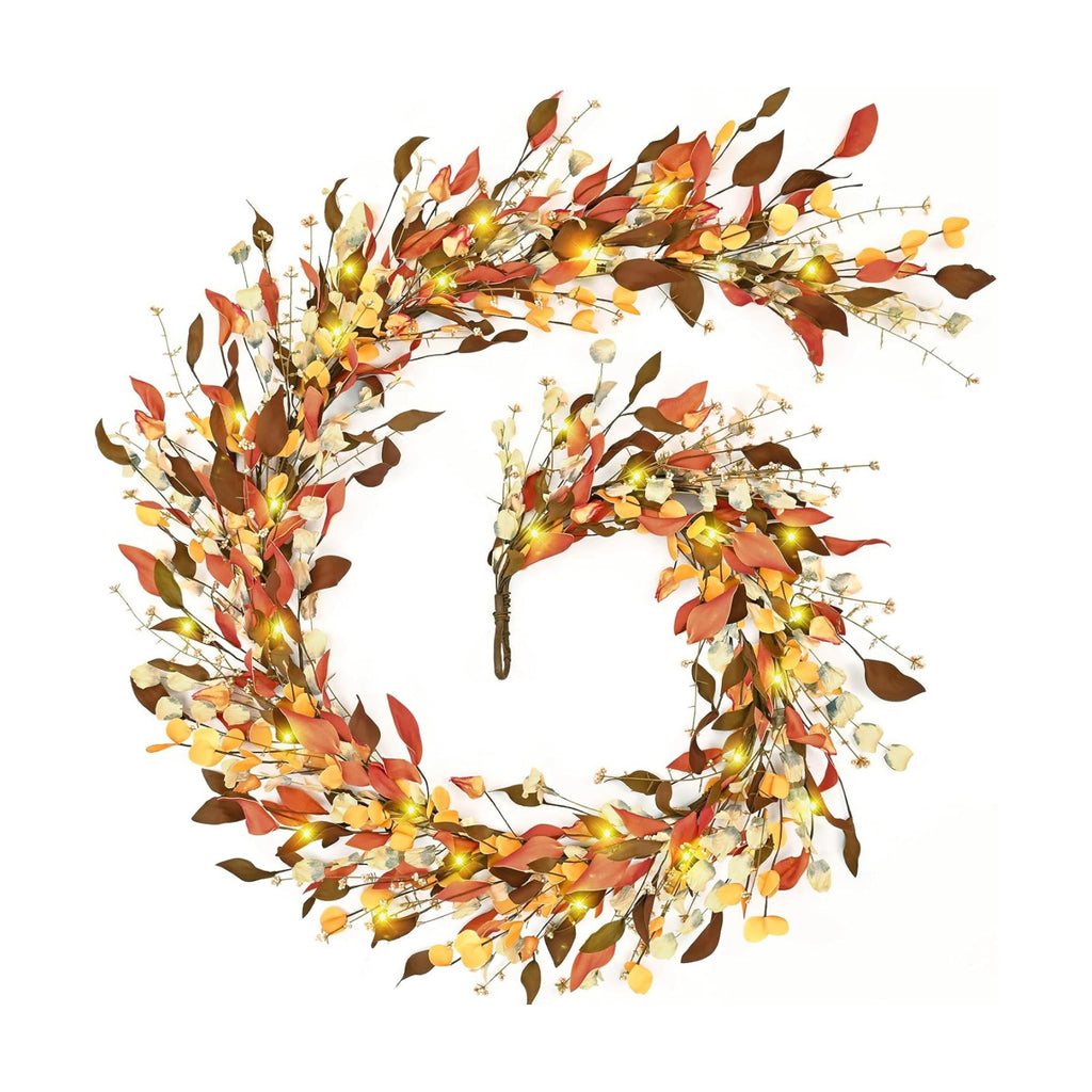 Waipfaru Fall Decor, 6FT Fall Garland with Lights Autumn Eucalyptus Leaves Lighted Garland Thanksgiving Harvest Festival Decoration for Home Mantle Porch Outdoor Indoor Wedding Window Wall Arch(2 PCS)