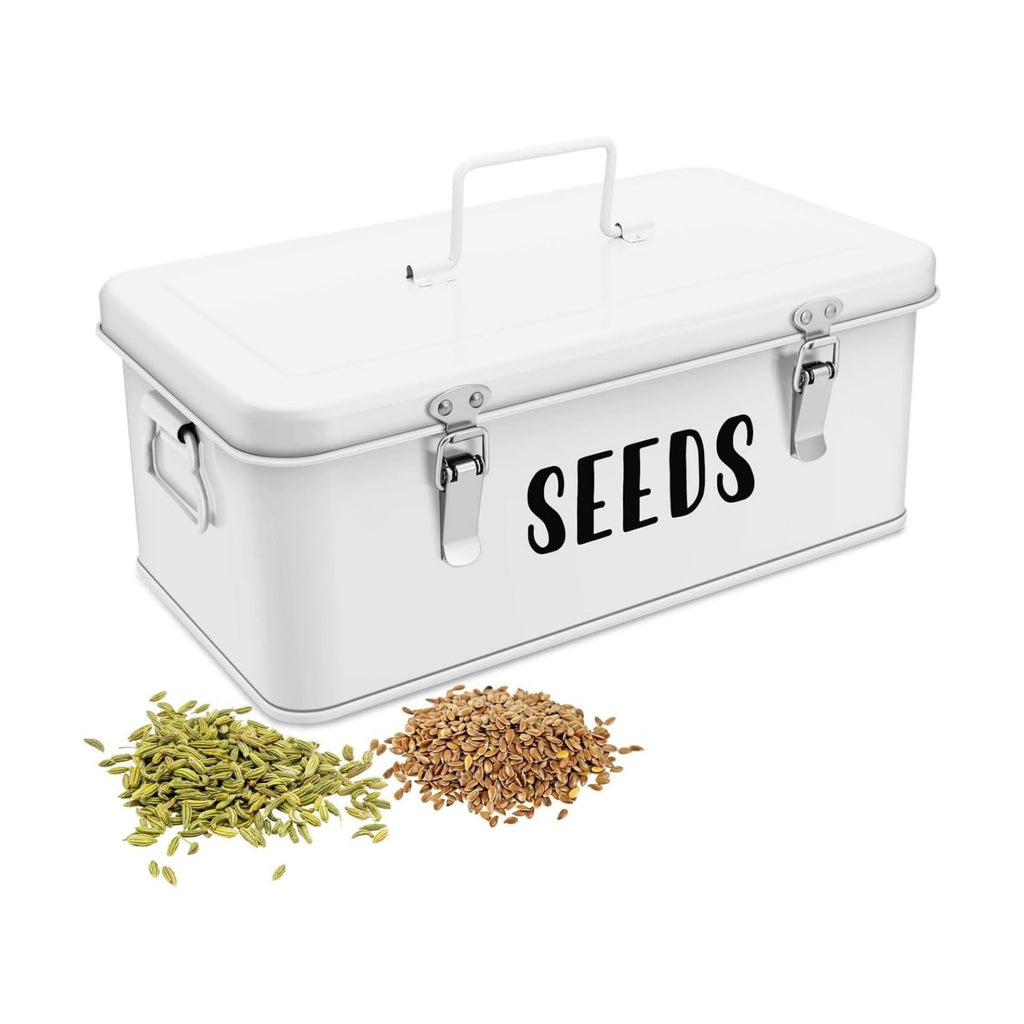 Flexzion Metal Seed Storage Organizer Box, 4 Compartments, 12 Inch, White | Seed Packet Organizer with Hinged Lid, Dual