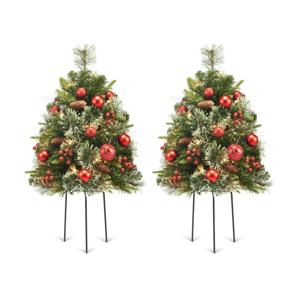 HiBean 2 Pack Outdoor Christmas Tree Urn Filler Small, 30 Inch Pre-lit Artificial Xmas Tree w/ 50 LED Lights and Realistic Carolina Pine for Pathway, Porch, Driveway, Yard (Red)