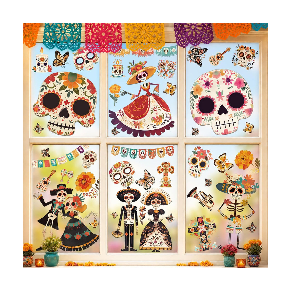 9 Sheets Day of The Dead Window Clings Dia De Los Muertos Decorations Decal