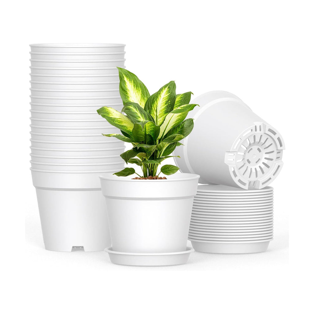 SwinDuck 20 Pack 6 Inch Plant Pots with Drainage and Saucers, White Plastic Flower Pots for Indoor and Outdoor Plants