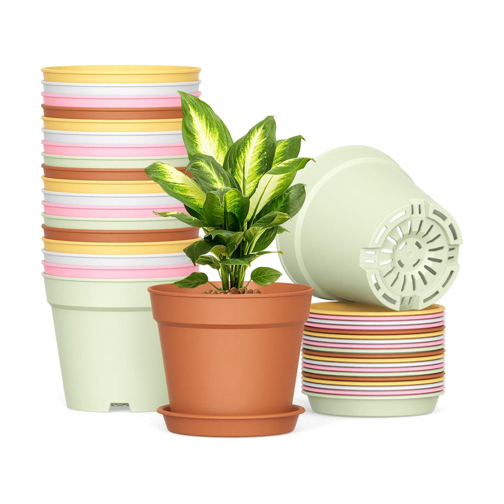 SwinDuck 20 Pack 6 Inch Plant Pots with Drainage and Saucers, White Plastic Flower Pots for Indoor and Outdoor Plants