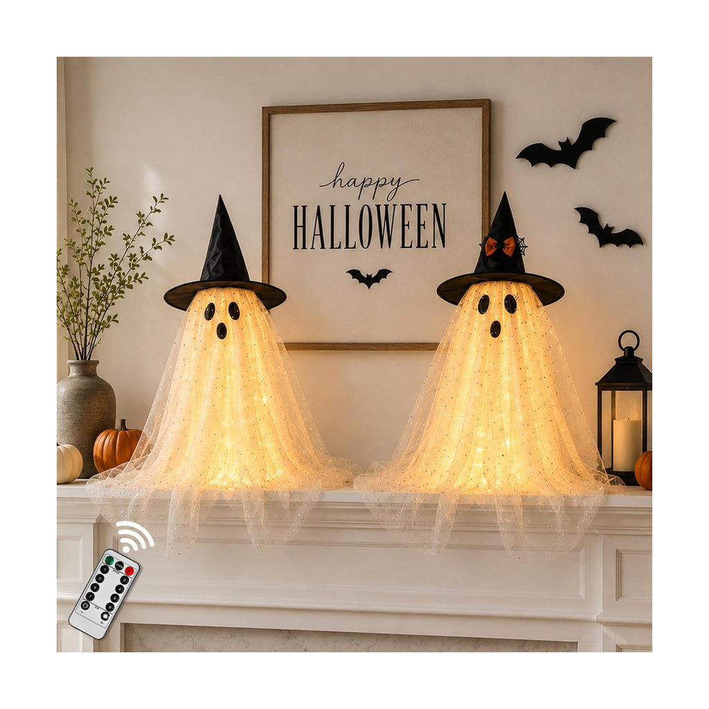 AYGXU 2pcs Halloween Decorations Indoor,Ghost Decor with String Lights Remote Control,Halloween Party Decorations,Spooky Ghost Light for Home Table Room Kitchen Office