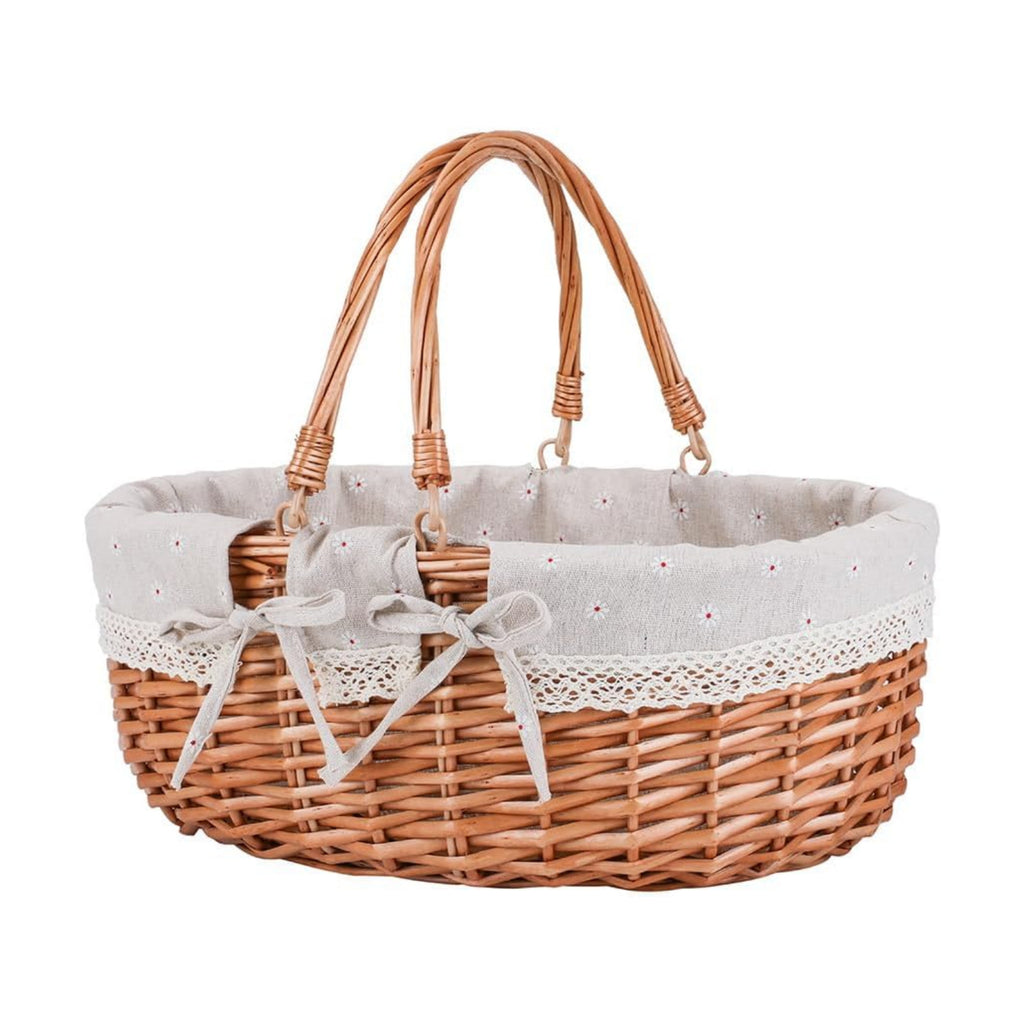 Large Wicker Woven Picnic Basket w/Handle for Camping & Harvest | White Floral Lining, Removable & Washable; Ideal for