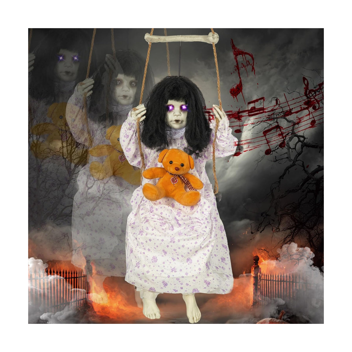 Hourleey Halloween Decorations Outdoor, Hanging Swinging Girl Doll Sound Activated with Lighted Eyes Creepy Sound, Animatronics Halloween Decor for Indoor Trees Party Garden Haunted House Prop