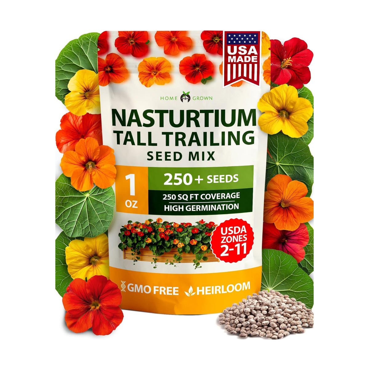 HOME GROWN Nasturtium 250+ Seeds, Dwarf Tall Trailing Mix, Tropaeolum majus