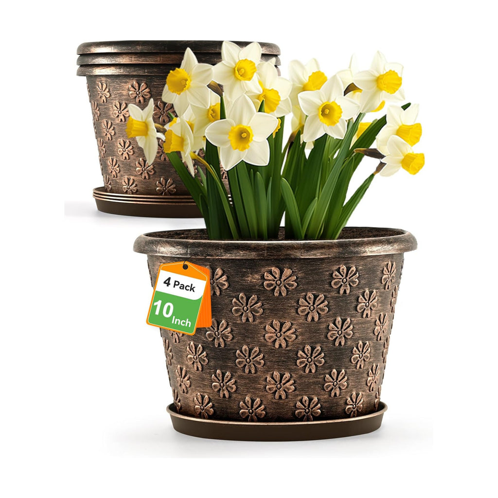 10 Inch Planter Pots for Plants, 4 Pack Plastic Large Flower Pots Indoor Outdoor, Resin Plant Pot with Drainage &