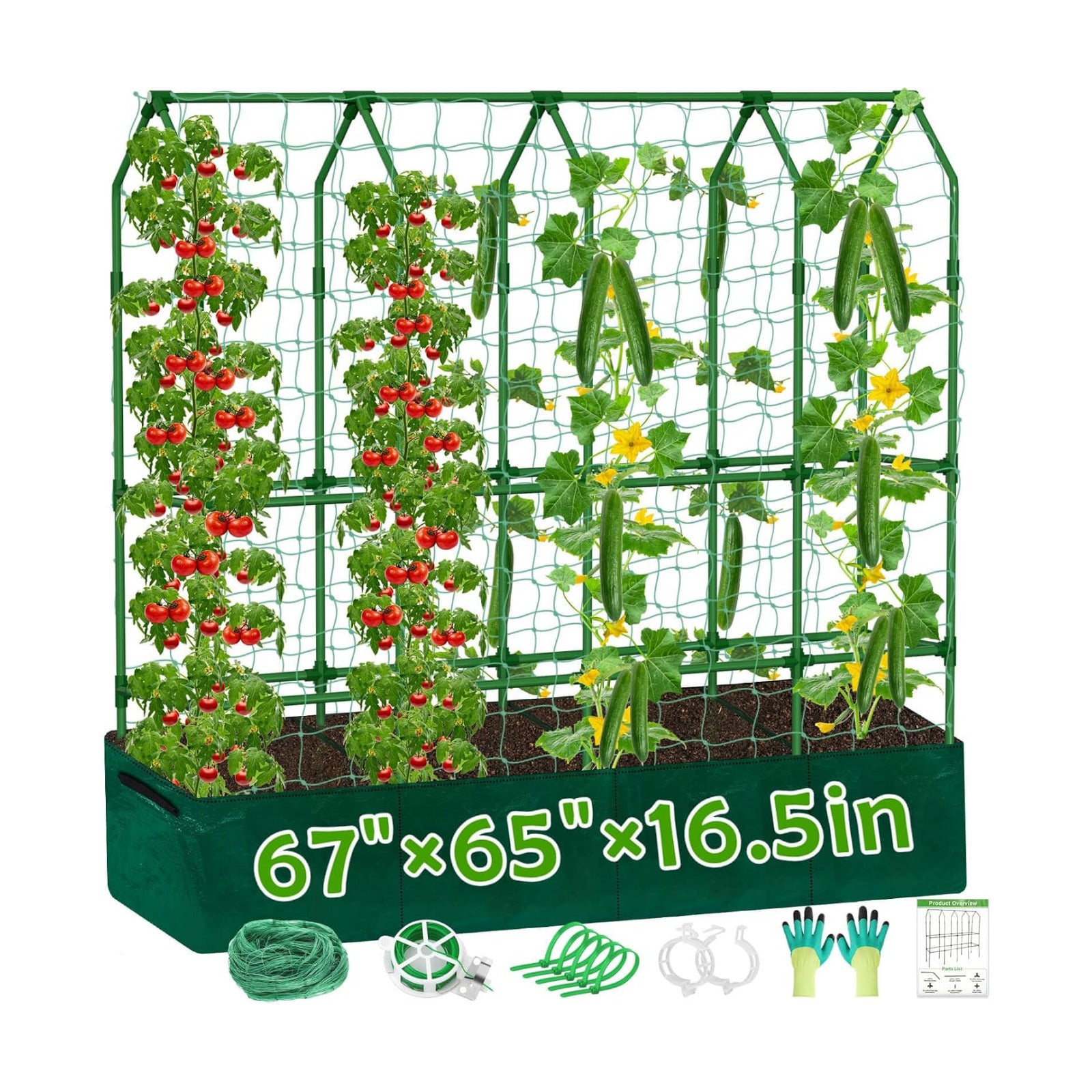 Large Cucumber Trellis for Climbing Plants with Grow Bag, 67"×65"×16.5" Metal Garden Trellis for Raised Bed with Garden