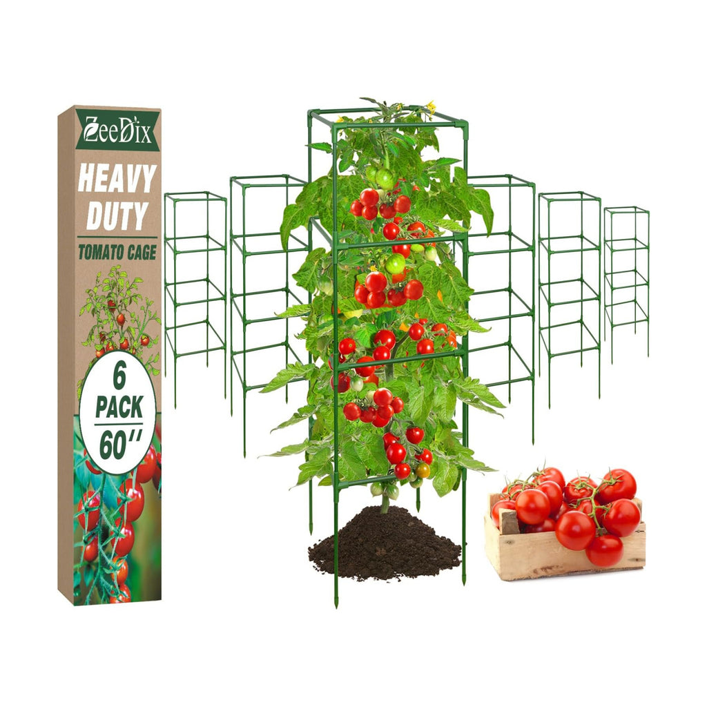 6 Pack 60 Inch Heavy Duty Tomato Cages for Garden with Clips | Square Tomato Trellis for Raised Garden Bed, Adjustable