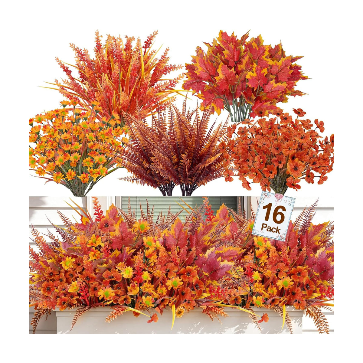16 Bundles 5 Styles Artificial Fall Flowers for Outdoors Fall Decoration