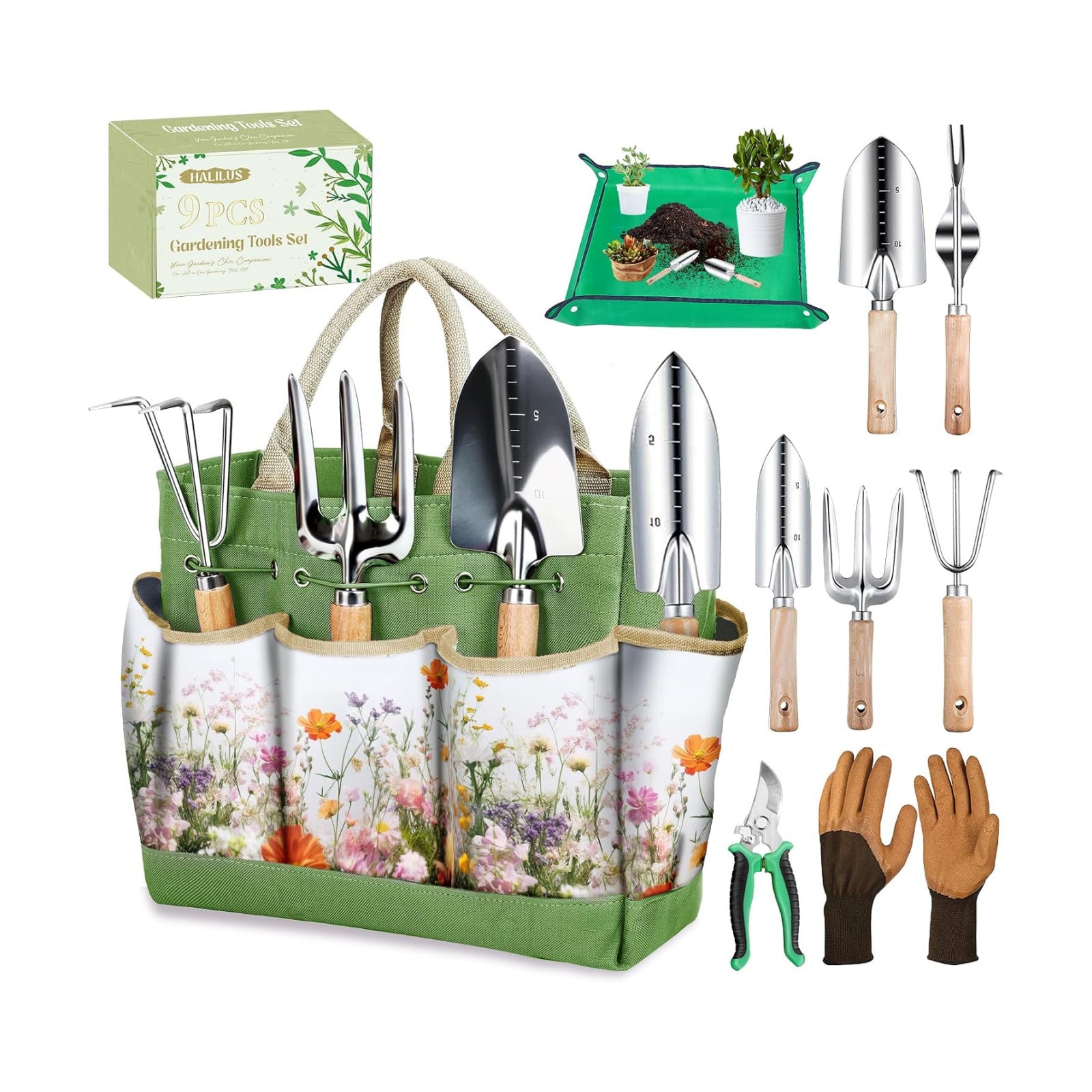 Garden Tools 9 Pcs Heavy Duty Gardening Tool Set Green Tote Bag Men Women | 9-Piece Gardening Gifts, Rust-Proof