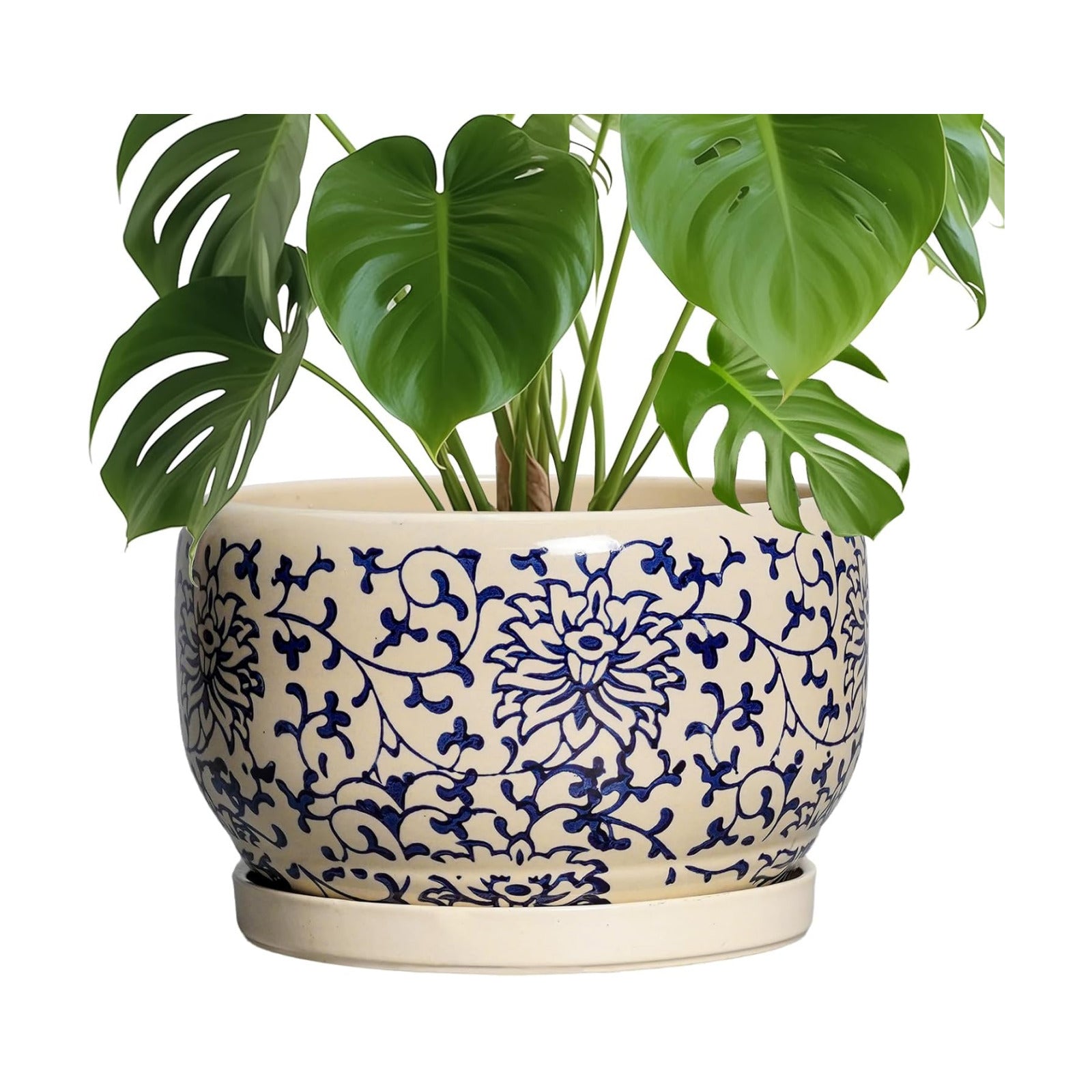 SQOWL 10 Inch Plant Pot Indoor - Ceramic Planter with Drainage Hole and Tray, Large Ceramic Flower Pots Outdoor