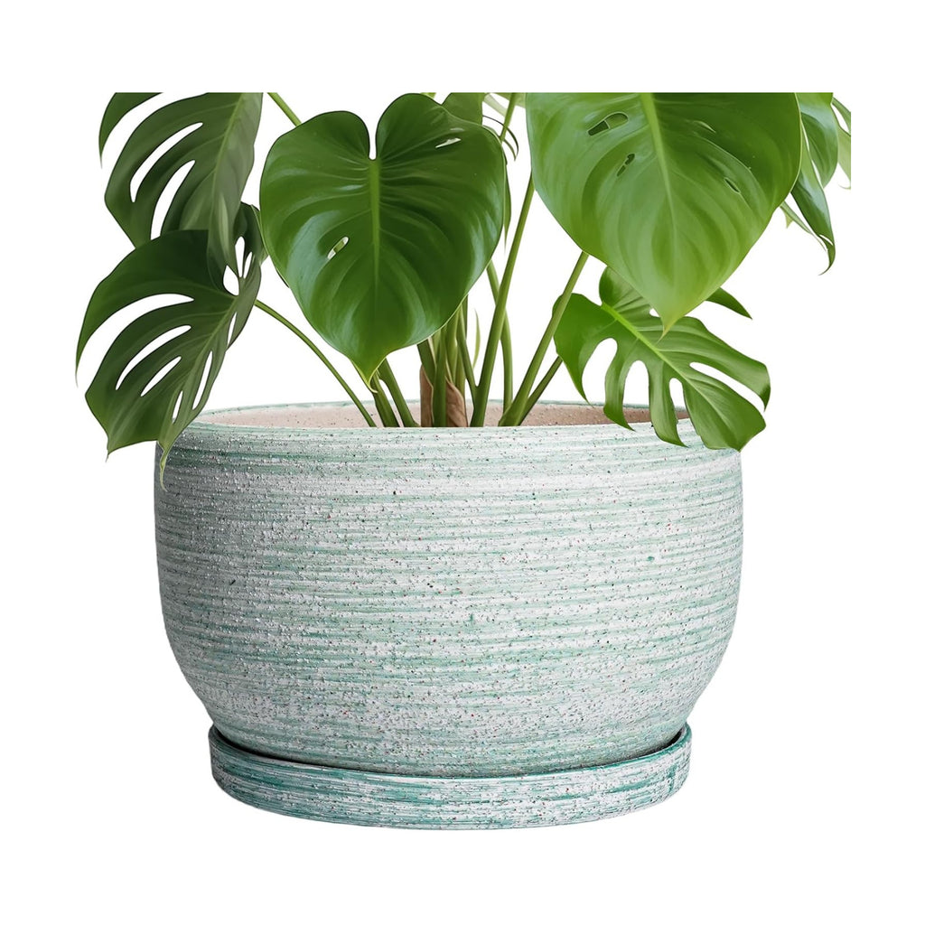 SQOWL Ceramic Pots for Plants - 10 Inch Ceramic Planter for Indoor Outdoor, Modern Round Flower Pot with Drainage Hole