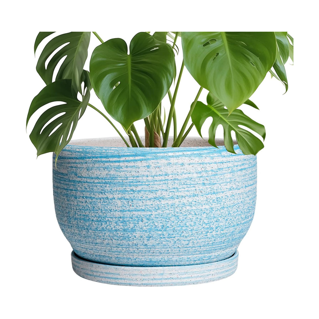 SQOWL Ceramic Plant Pots - 10 Inch Ceramic Flower Pots with Drainage Hole and Saucer, Round Large Planter for Indoor