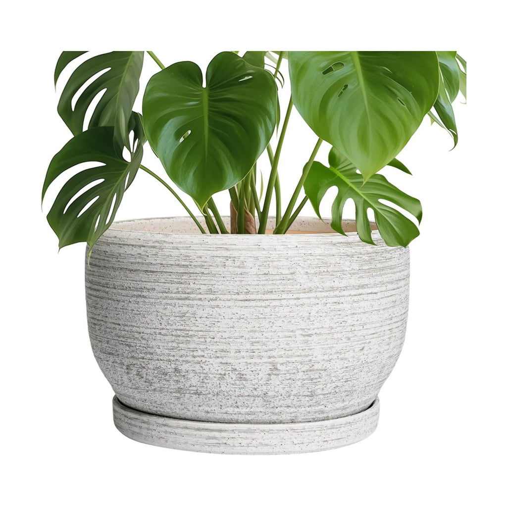 SQOWL Ceramic Flower Pots - 10 Inch Plant Pot Indoor with Drainage Hole and Saucer, Modern Ceramic Planter Outdoor
