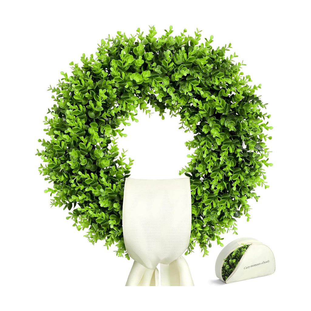 24" Boxwood Wreaths for Front Door – Large Boxwood Wreath with Sash