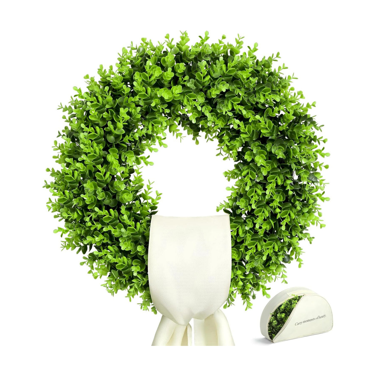 24" Boxwood Wreaths for Front Door – Large Boxwood Wreath with Sash