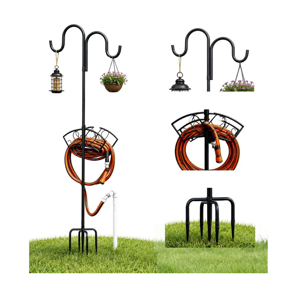 Garden Hose Holder, Freestanding Hose Stand for Outside, 150FT Hose Storage Organizer with 5-Prong Base and Shepherd
