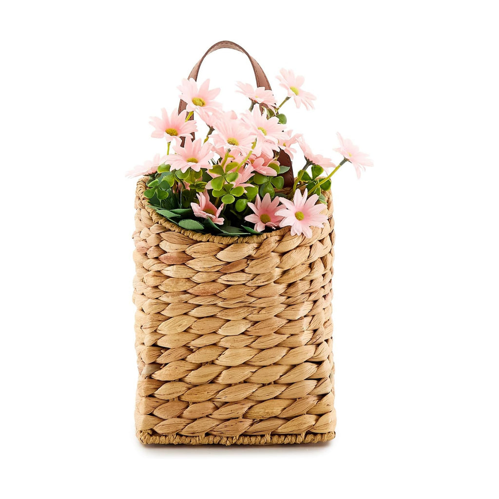 Wall Hanging Pocket Basket Portable Water Hyacinth Storage Basket Decorative Boho Mounted Organizer Dried Flower Plants