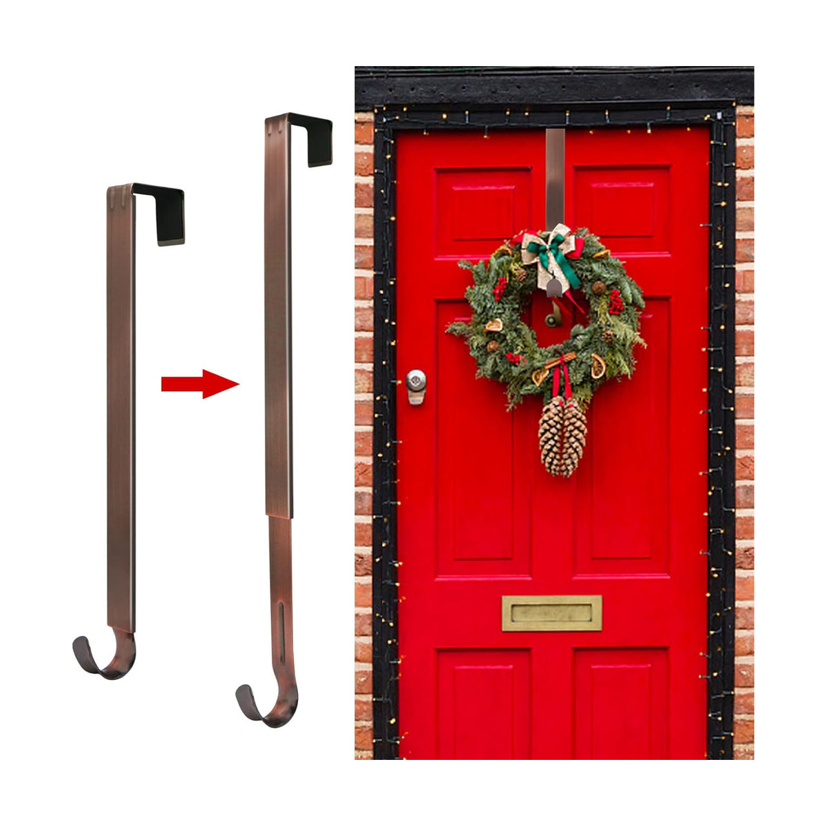 Wreath Hanger for Front Door, Adjustable Black Wreath Hanger from 15 to 25 Inches, 20 lbs Larger Door Upgrade Christmas Wreaths Decorations Hook (Bronze)