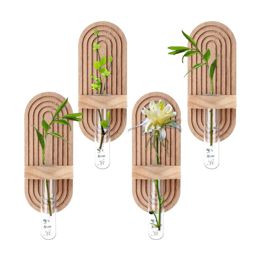 Beeveer 4 Sets Hanging Plant Propagation Stations Walnut Wood Wall Mounted Test Tube Vase Rustic Decorative Glass