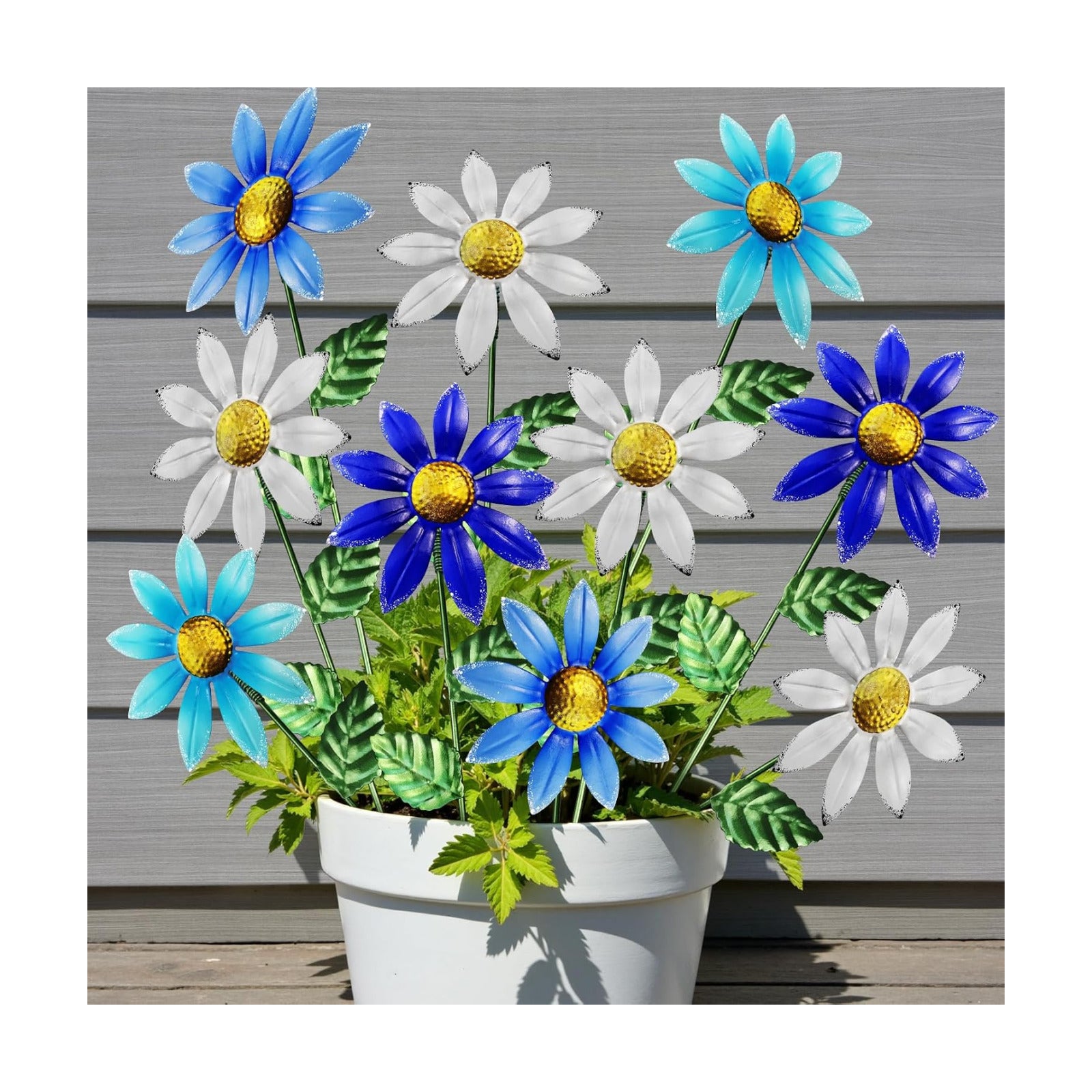 10-Pack 15.7-Inch Metal Garden Flower Stakes, Blue and White | 4.9 in wide heads with adjustable angles, for planters