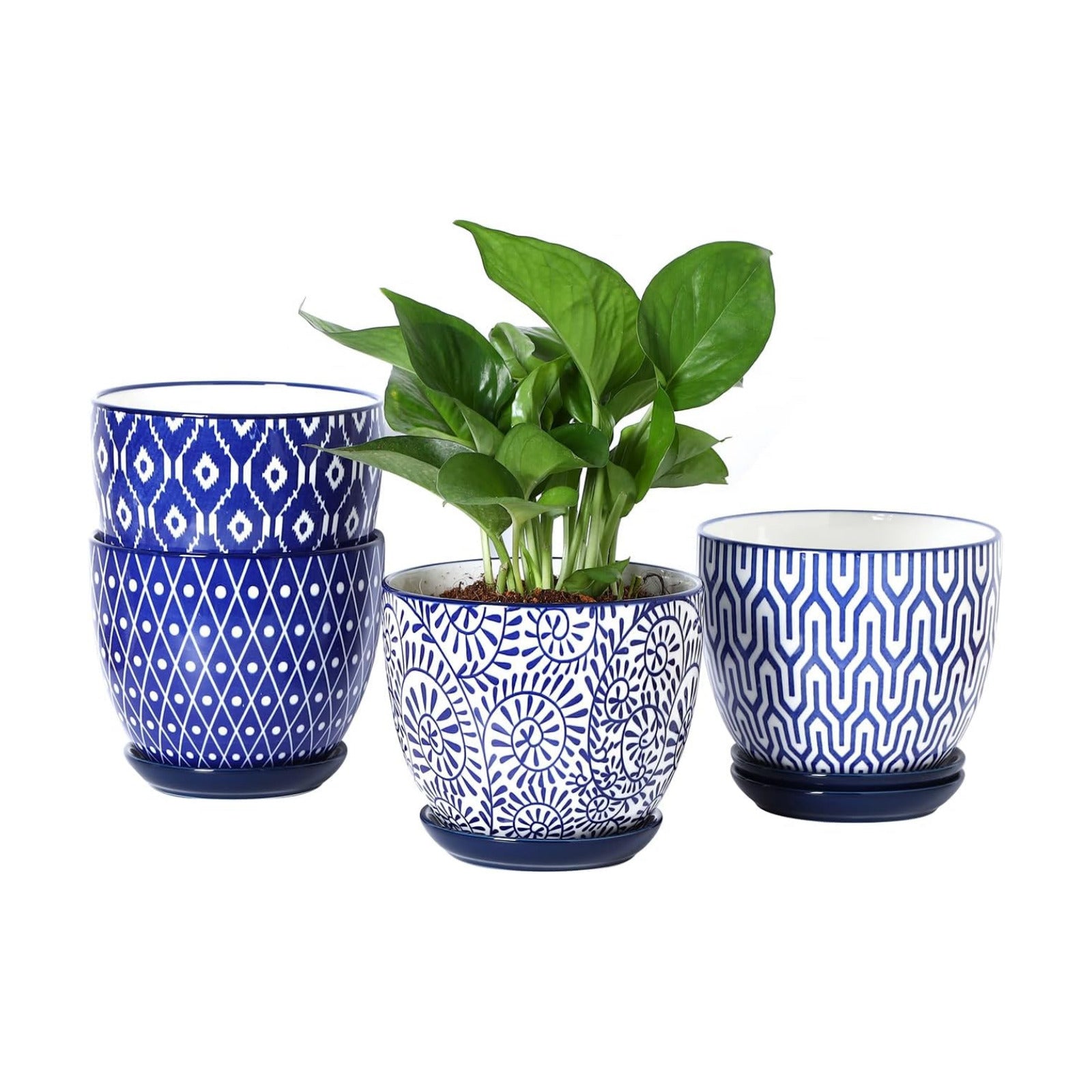 Selamica Ceramic Plant Pots, 5.6 Inch Flower Pots for Indoor Plants with Drainage Hole and Saucer,Home Decor, Set of 4