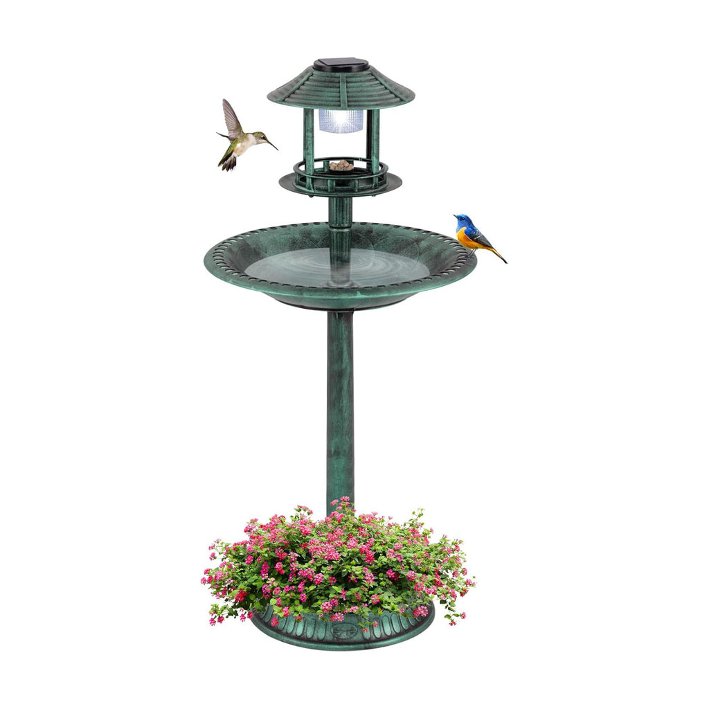 LDAILY Outdoor Bird Bath, 42’’ Solar Lighted Pedestal Birdbaths with Birds Feeder ,20’’ Water Bowl, Flower Planters and 3 Stakes, Attract Birds Antique Bird Bath for Outside Garden, Yard (Green, 42‘’)